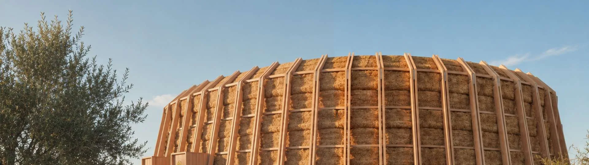 The Italy Pavilion — an elliptical drum of straw bales framed by inclined timber, under a clear sky