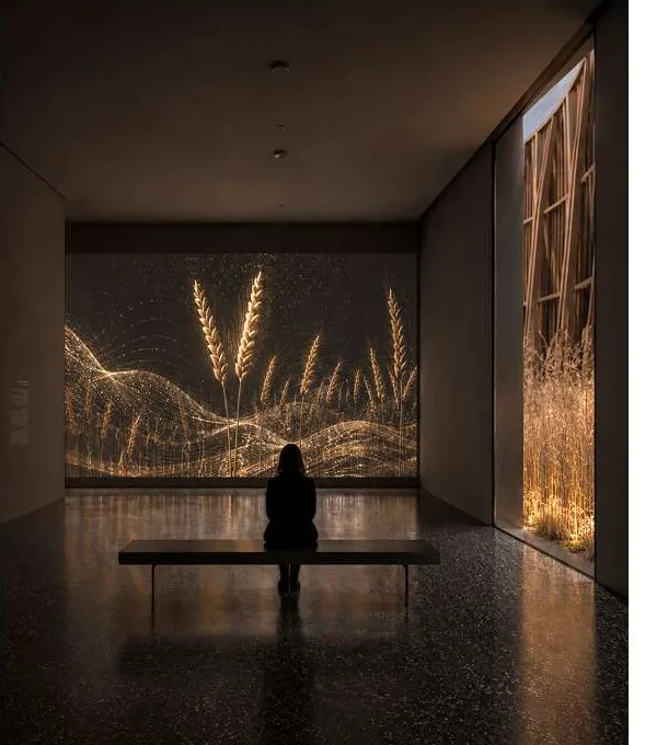 The central nave: projected wheat fields glowing in a dark exhibition hall